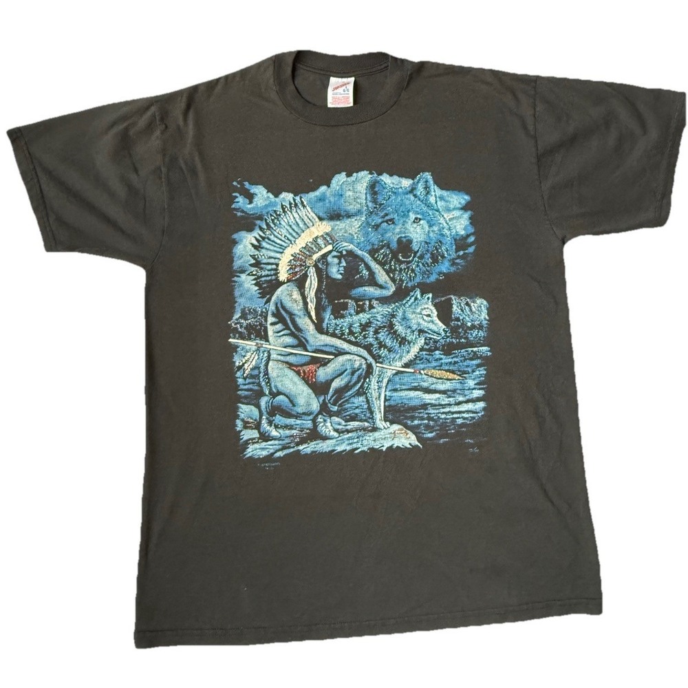 Vintage 90s Native American Wolf Glitter Graphic T Shirt Jerzees USA L Black